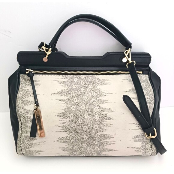 Vince Camuto Fiona Lg Blk Leather Satchel w Crossbody Tan Print Gold Hardware - Picture 2 of 16
